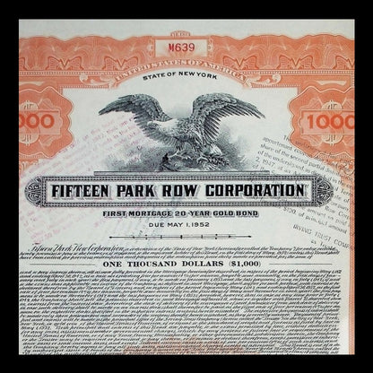 Fifteen Park Row Corporation Gold Bond from 1932 - New York City