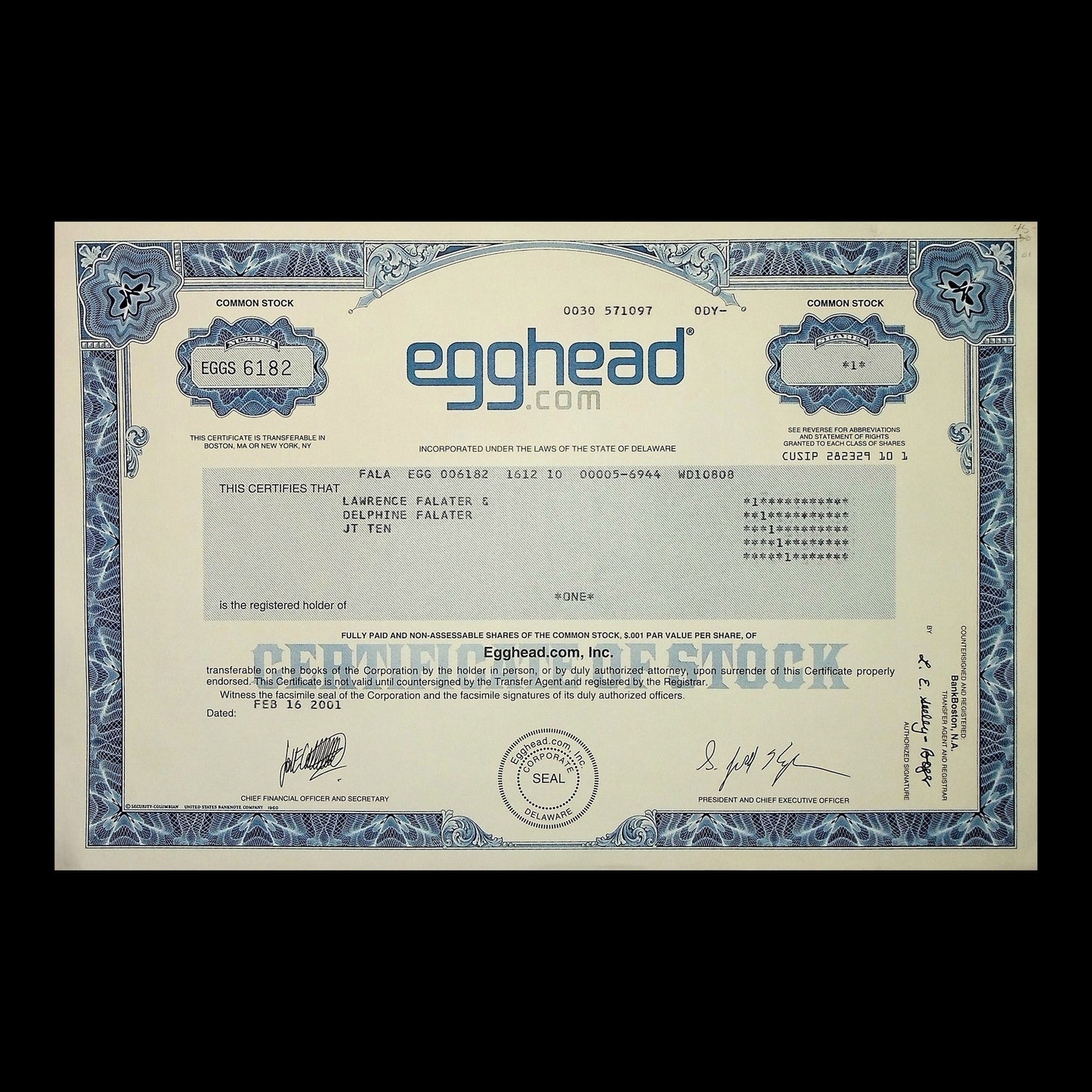 Egghead.com Stock Certificate from 2001