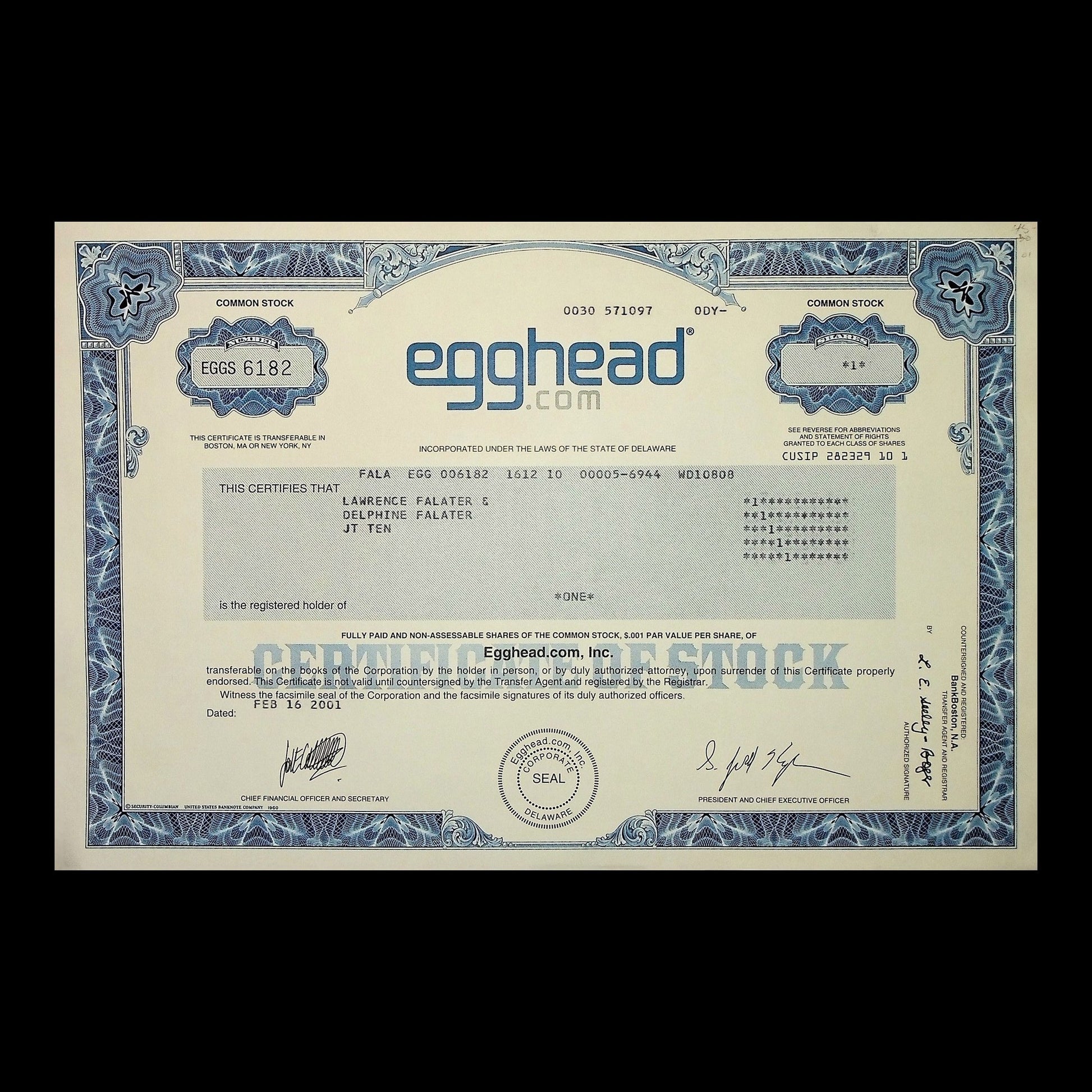 Egghead.com Stock Certificate from 2001