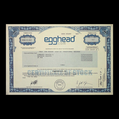 Egghead.com Stock Certificate from 2001