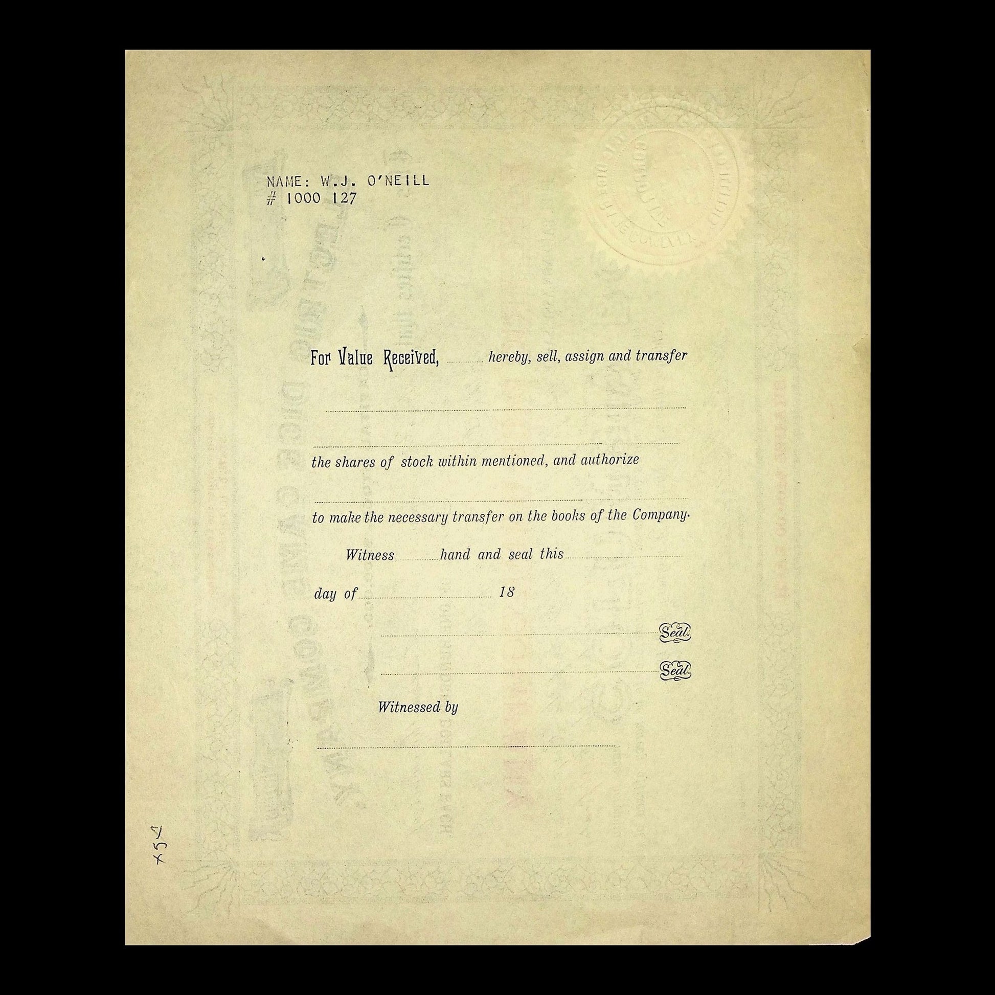 Electric Dice Game Company Stock Certificate from 1893