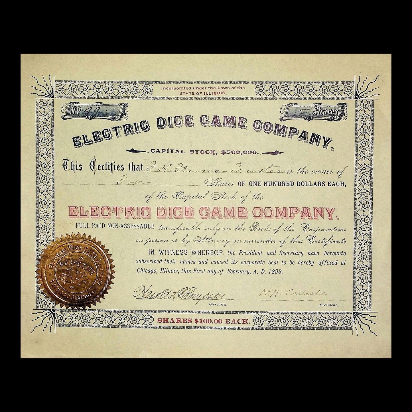 Electric Dice Game Company Stock Certificate from 1893