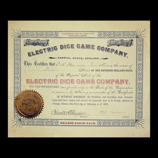 Electric Dice Game Company Stock Certificate from 1893