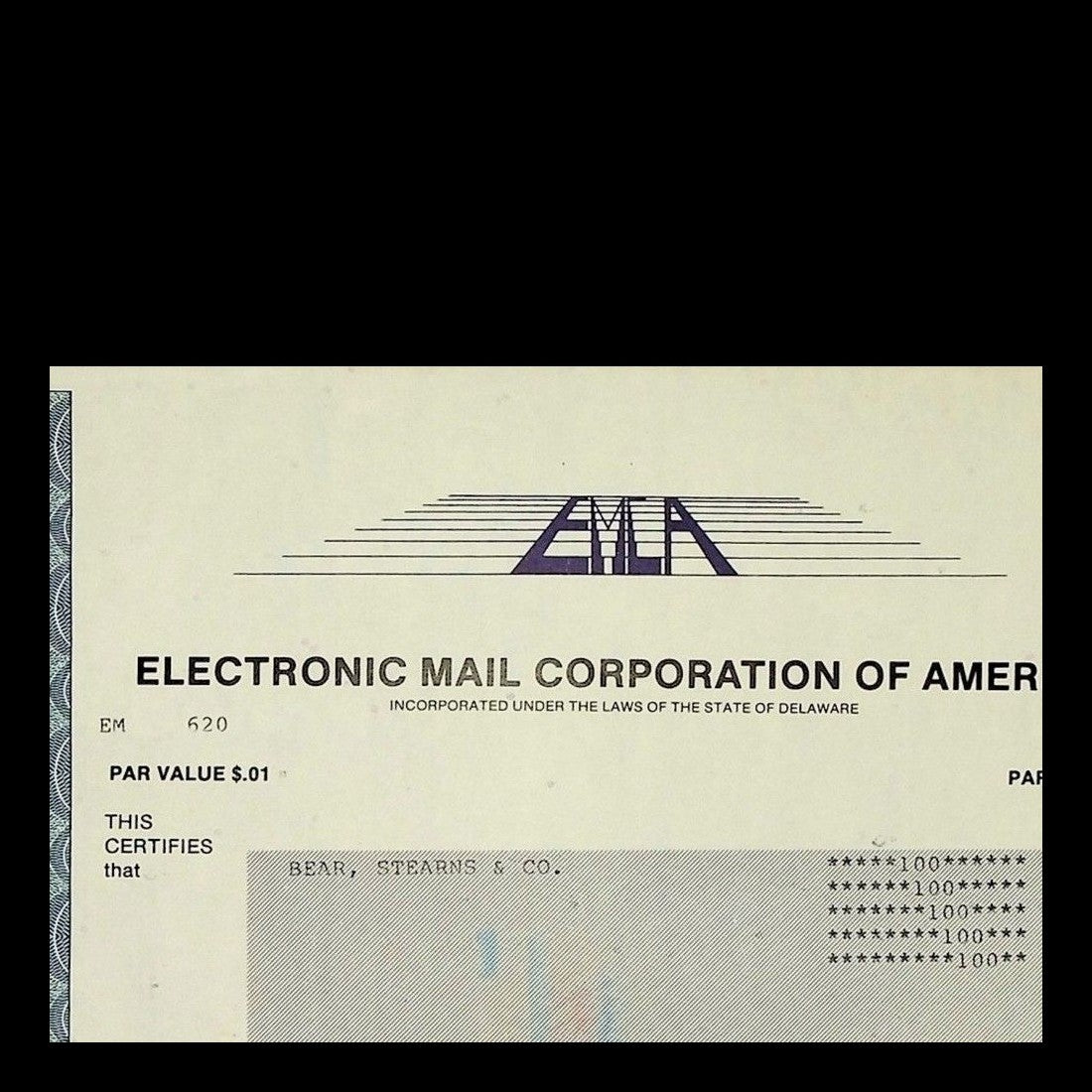 Electronic Mail Corporation of America Stock Certificate from 1982
