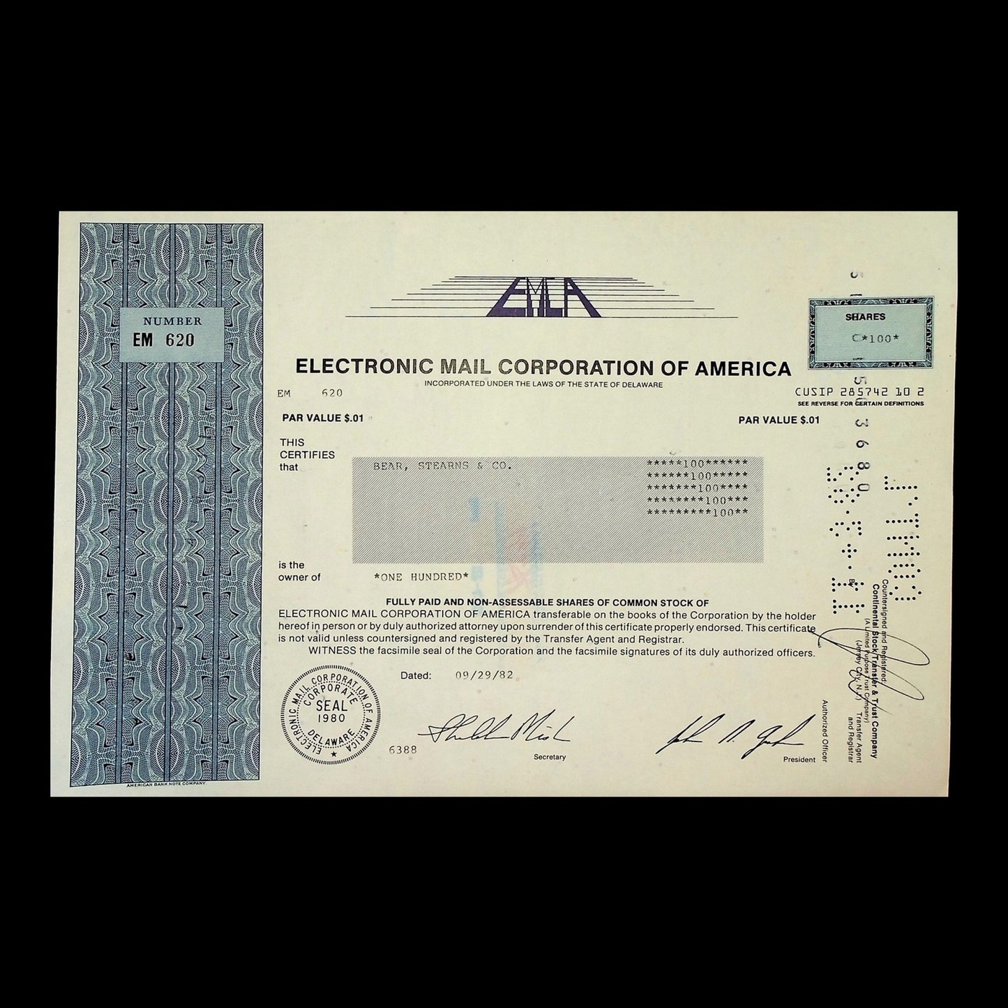 Electronic Mail Corporation of America Stock Certificate from 1982