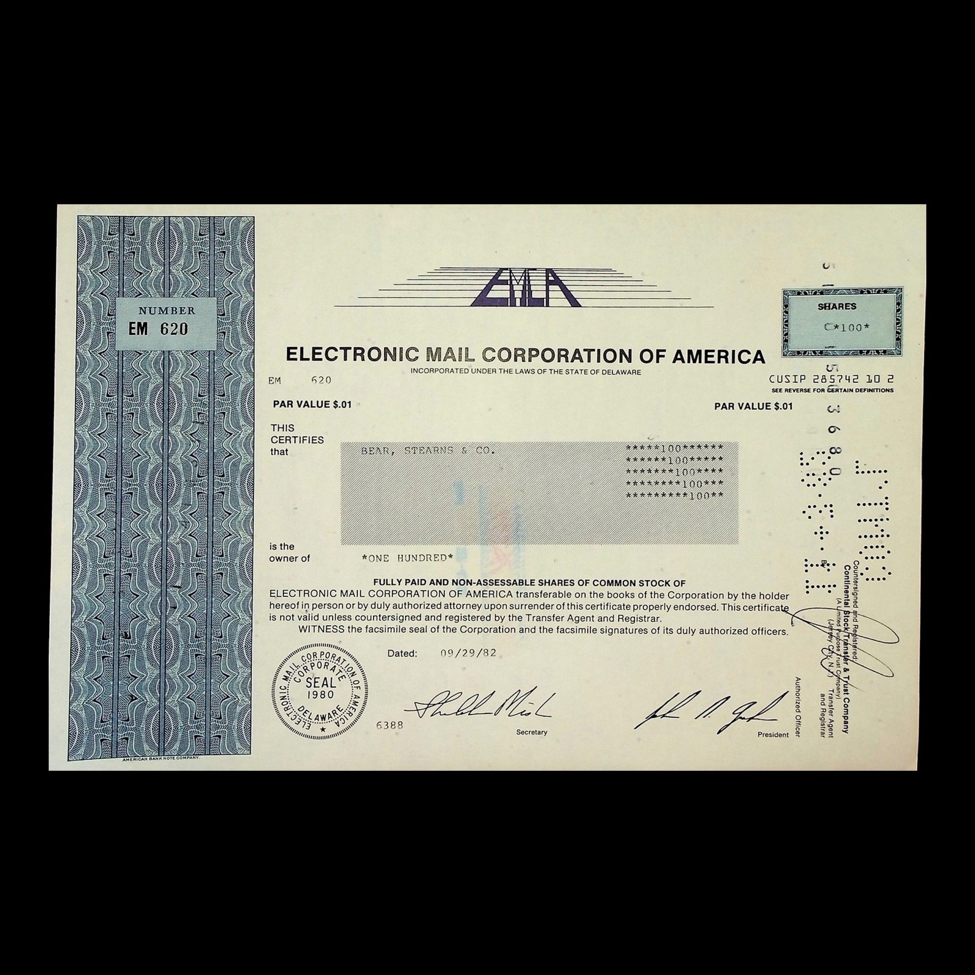 Electronic Mail Corporation of America Stock Certificate from 1982