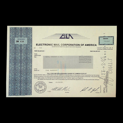 Electronic Mail Corporation of America Stock Certificate from 1982