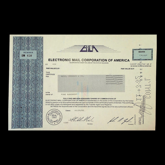 Electronic Mail Corporation of America Stock Certificate from 1982