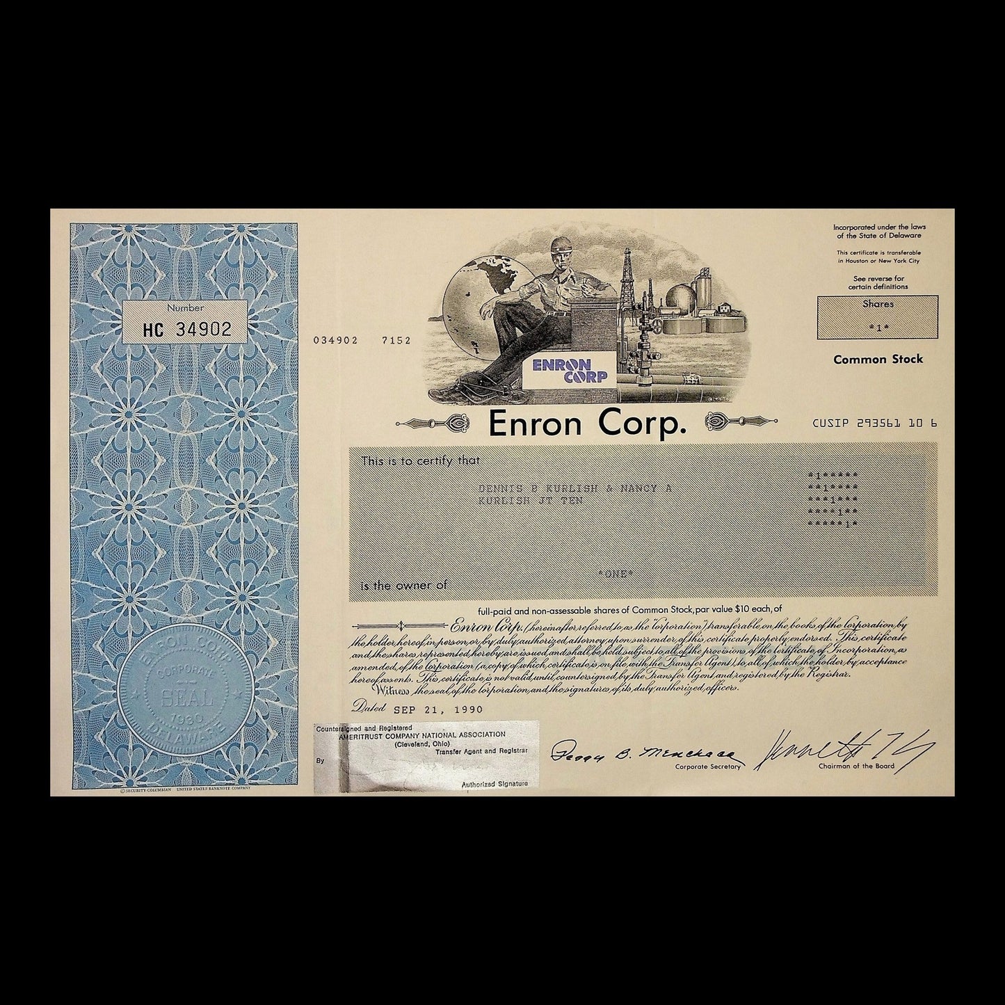 Enron Corp. Stock Certificate from 1990
