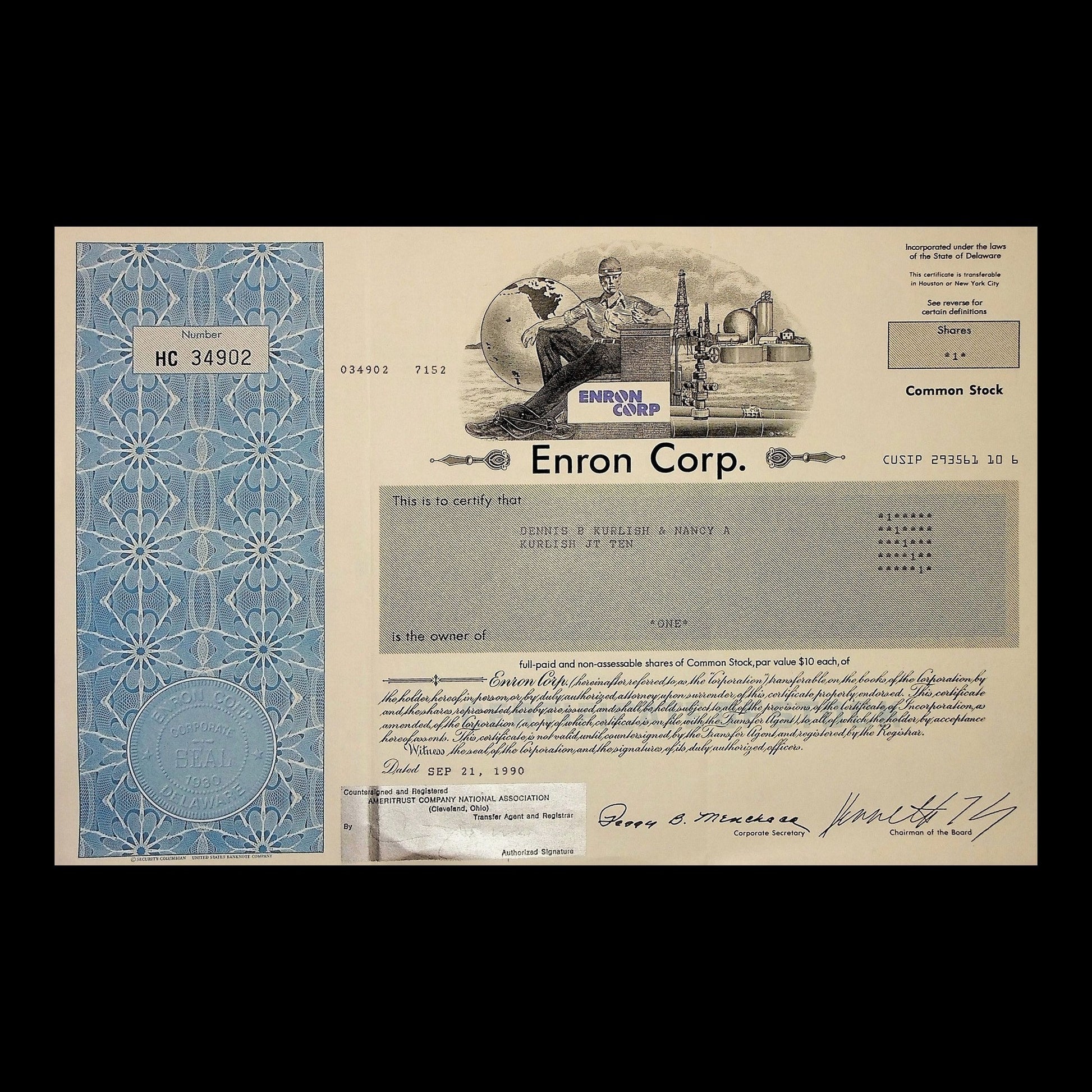 Enron Corp. Stock Certificate from 1990