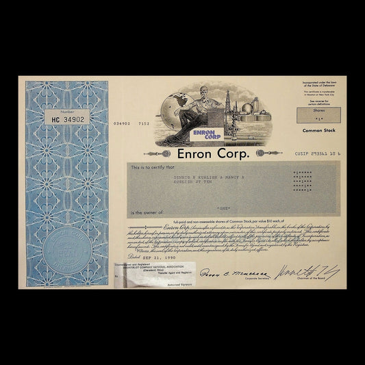 Enron Corp. Stock Certificate from 1990