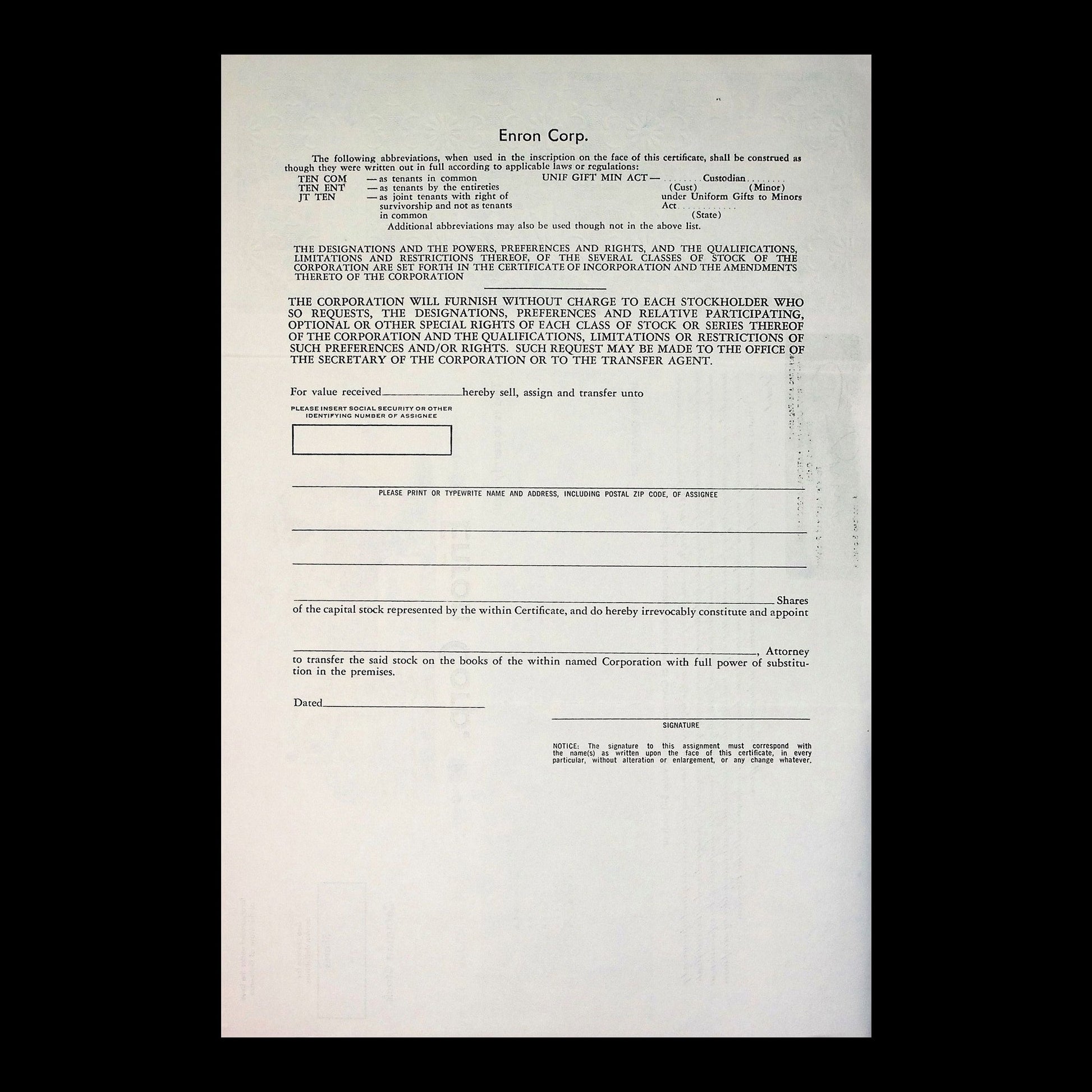 Enron Corp. Stock Certificate from 1990