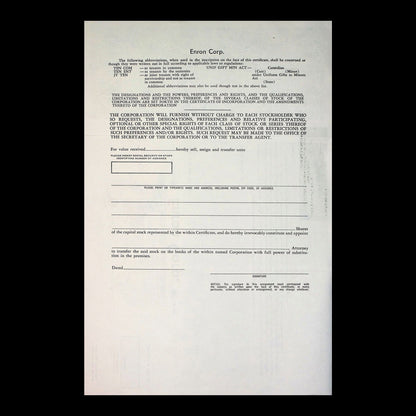 Enron Corp. Stock Certificate from 1990