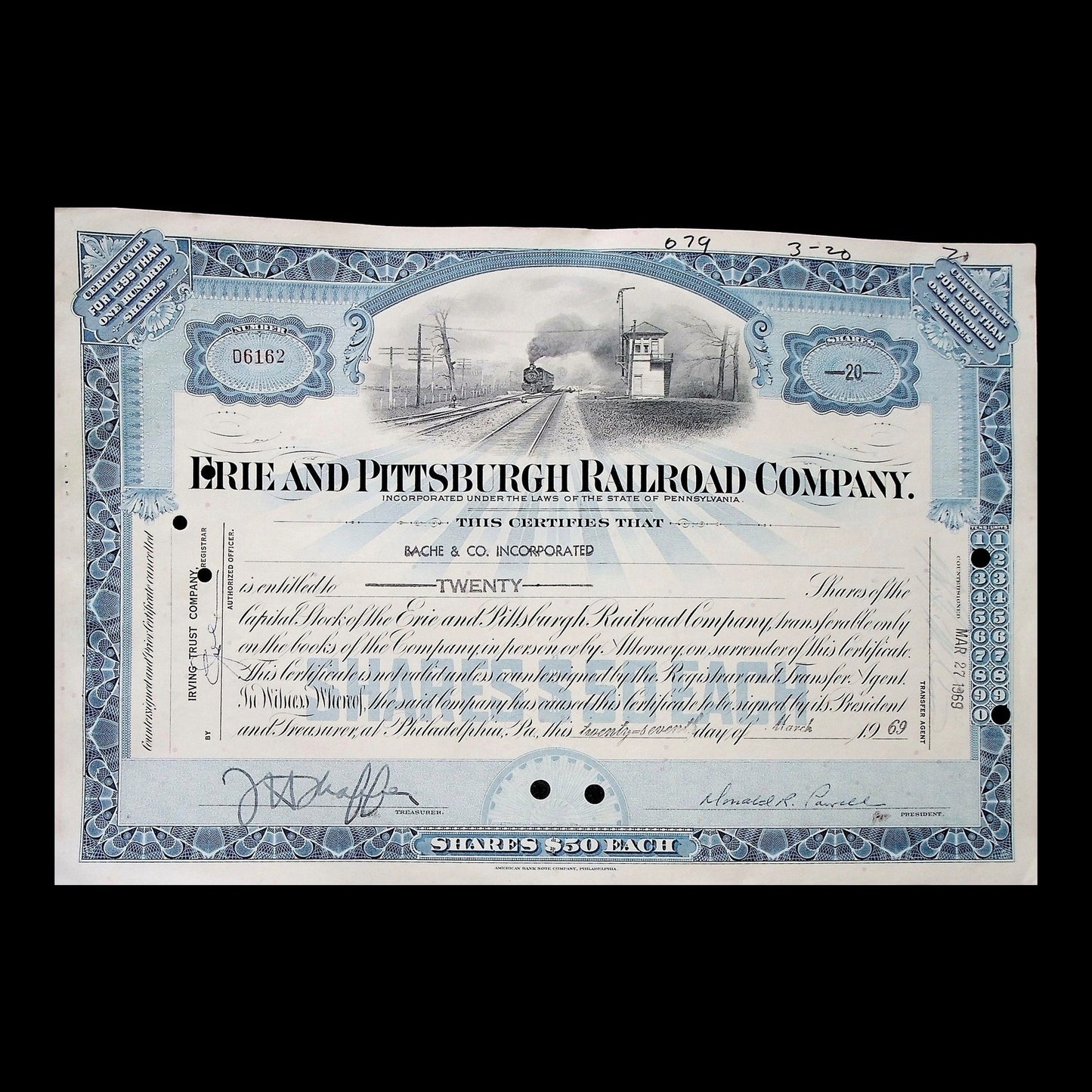 Erie and Pittsburgh Railroad Company Stock Certificate from 1969