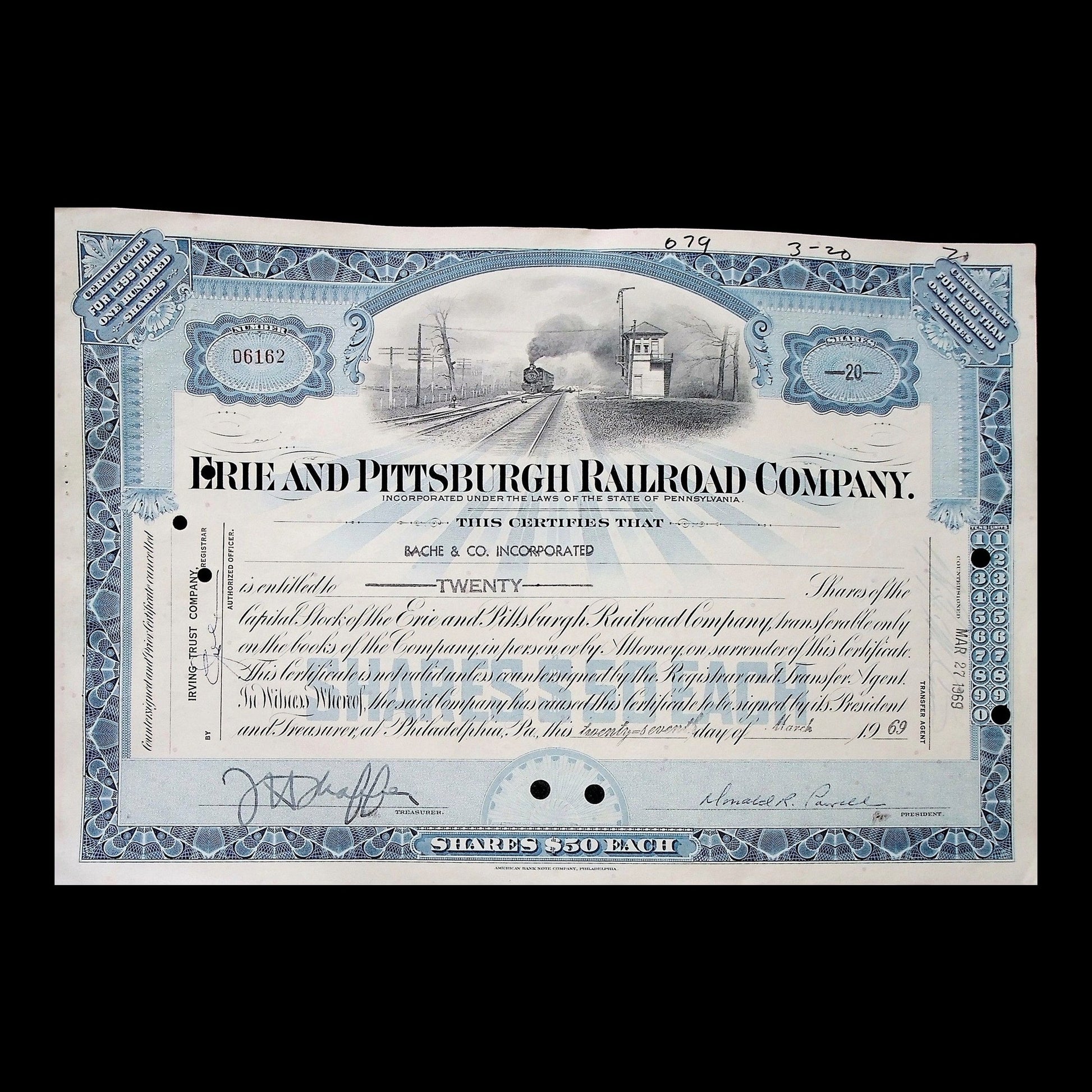 Erie and Pittsburgh Railroad Company Stock Certificate from 1969