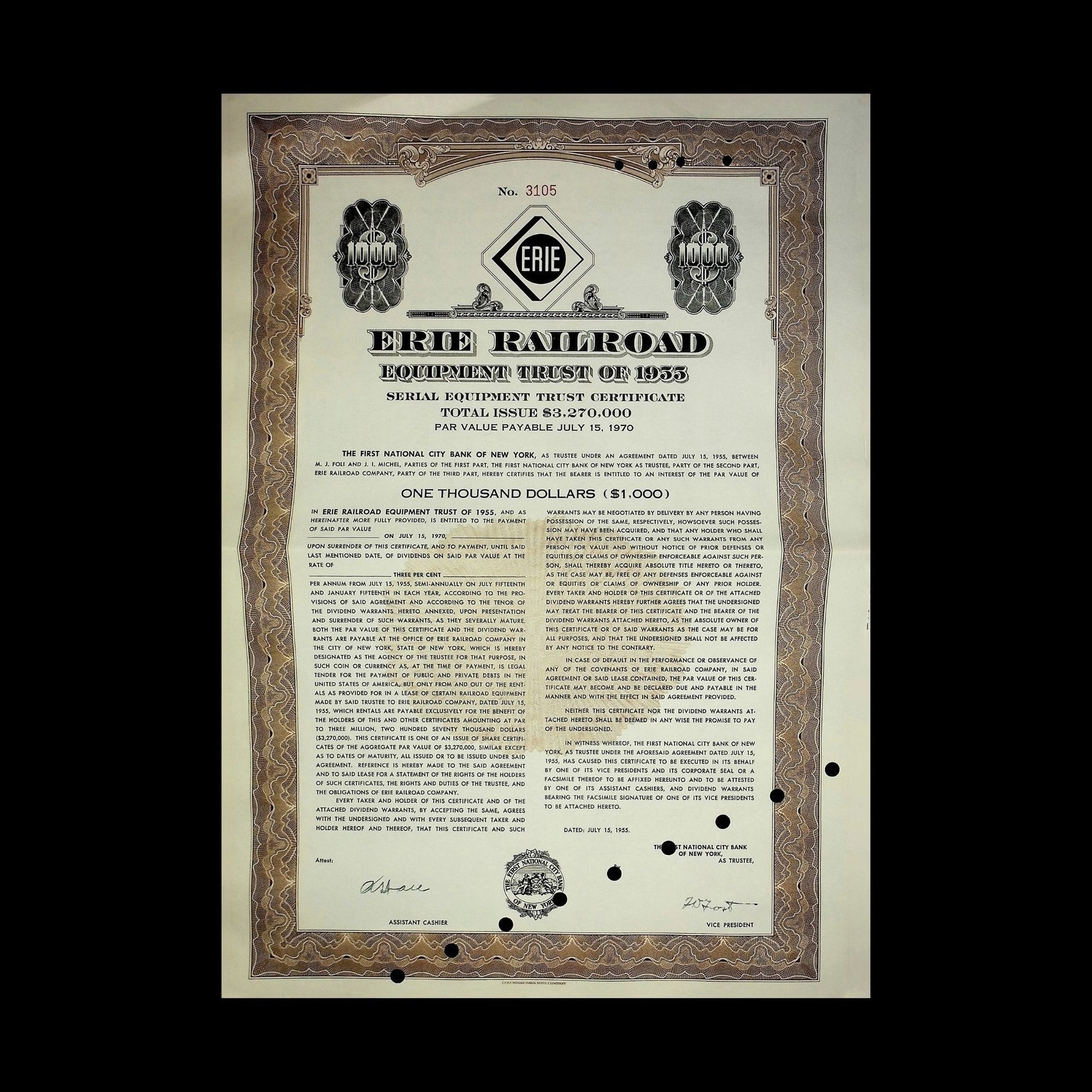 Erie Railroad Equipment Trust Certificate from 1955