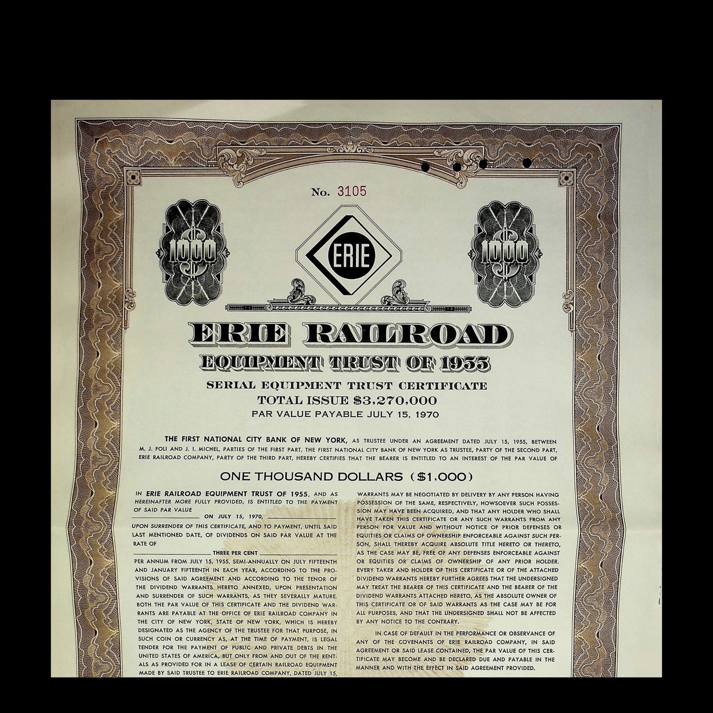 Erie Railroad Equipment Trust Certificate from 1955