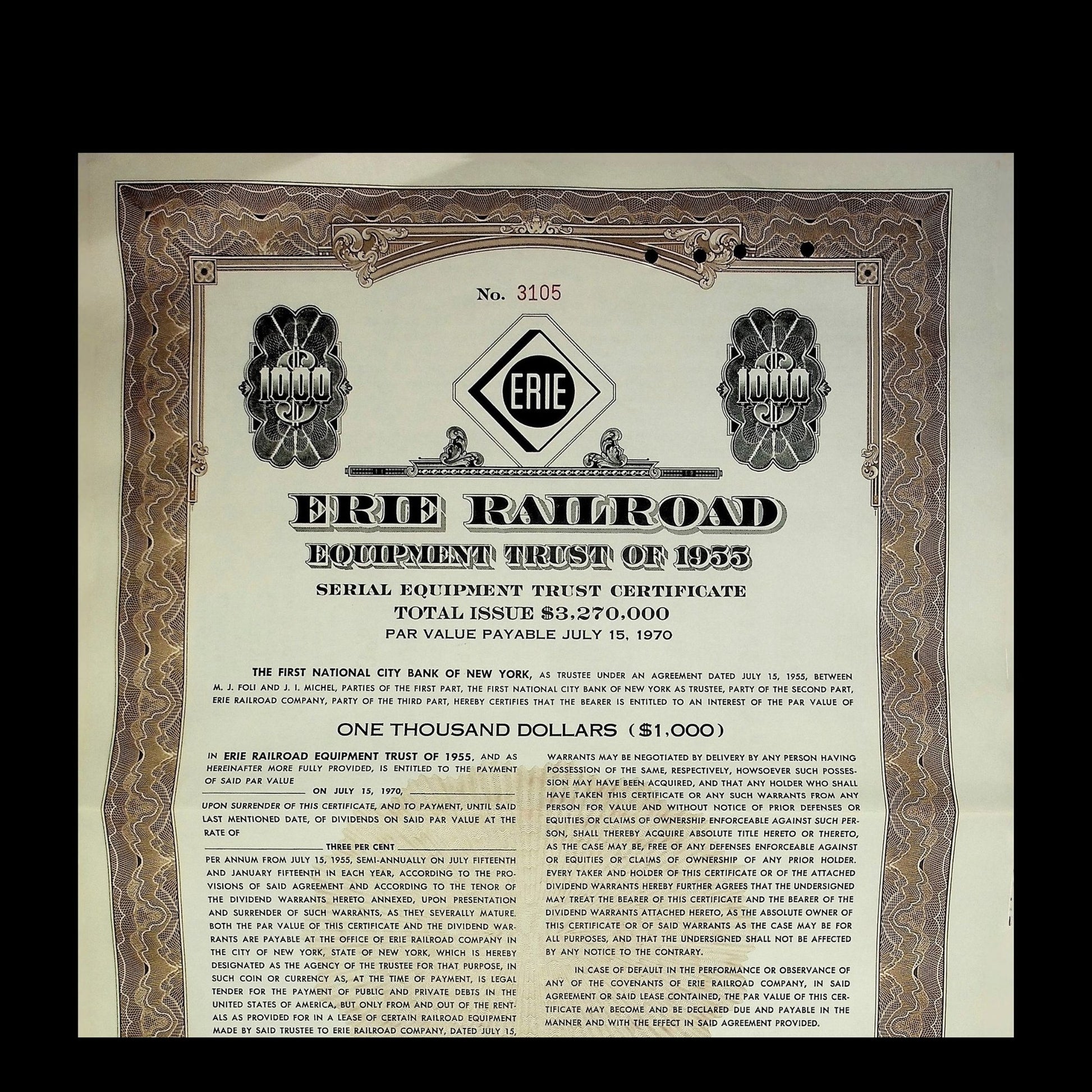 Erie Railroad Equipment Trust Certificate from 1955