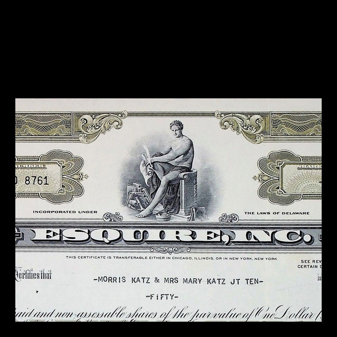 Esquire Inc. Stock Certificate from Mid-Century