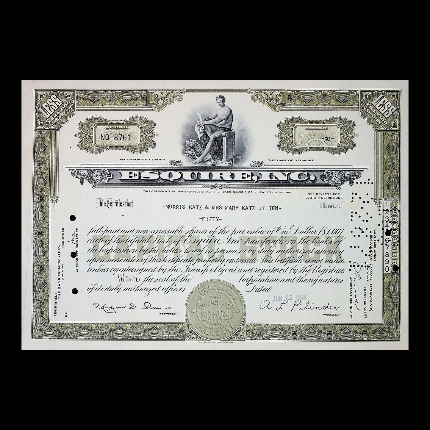 Esquire Inc. Stock Certificate from Mid-Century