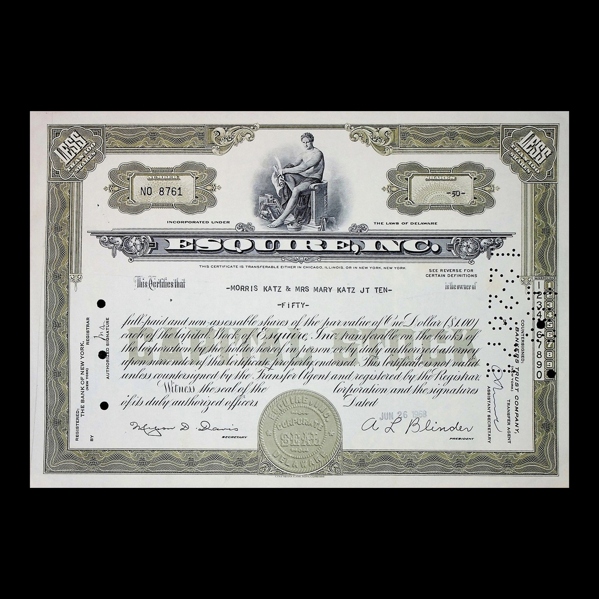 Esquire Inc. Stock Certificate from Mid-Century