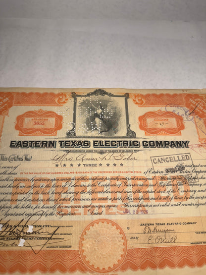 Eastern Texas Electric Company Stock Certificate