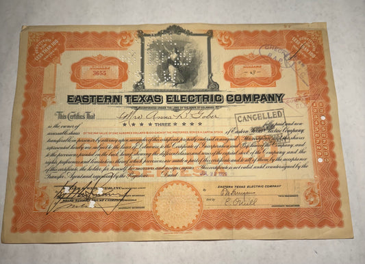 Eastern Texas Electric Company Stock Certificate