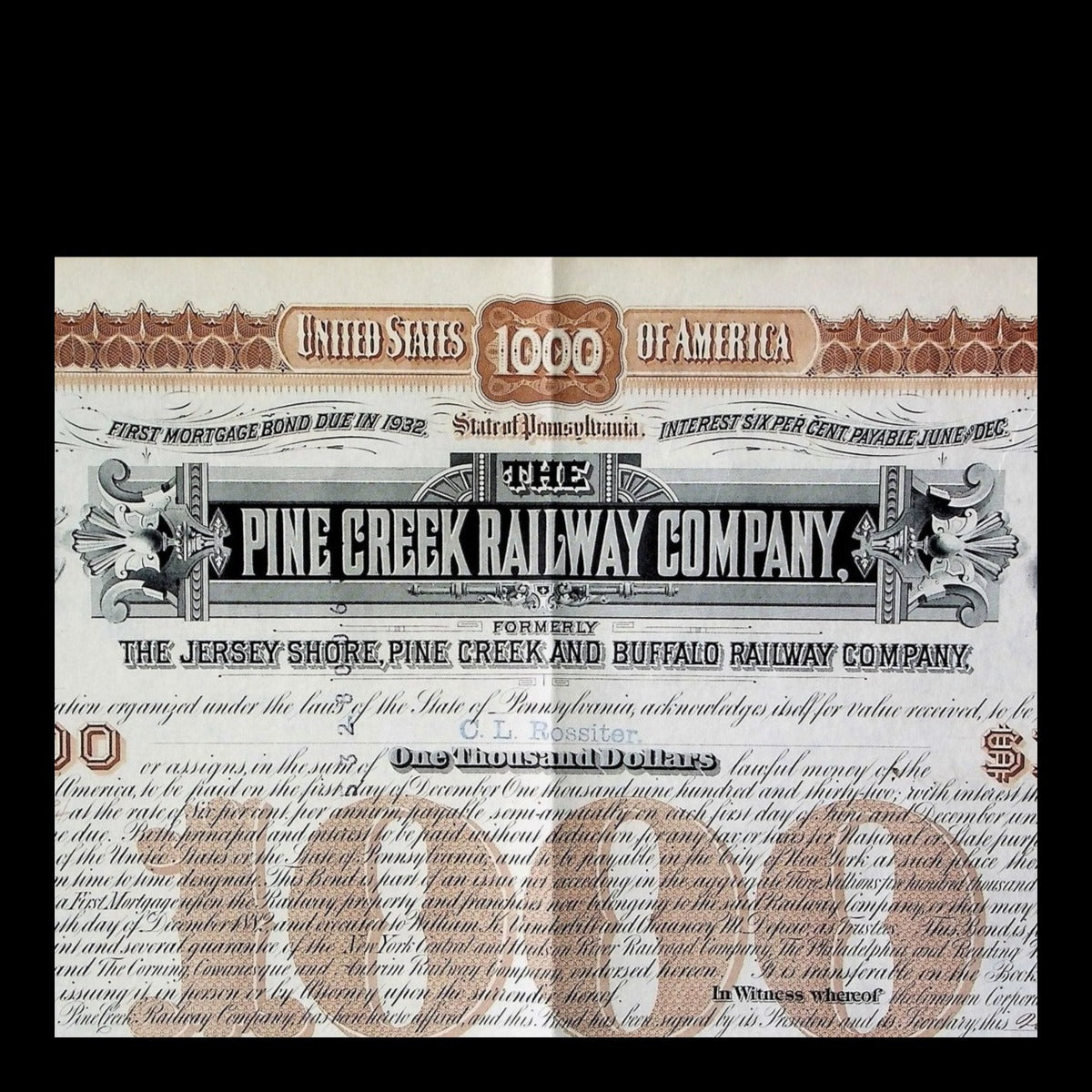 Pine Creek Railway Company First Mortgage Bond from 1885 signed by William Vanderbilt 