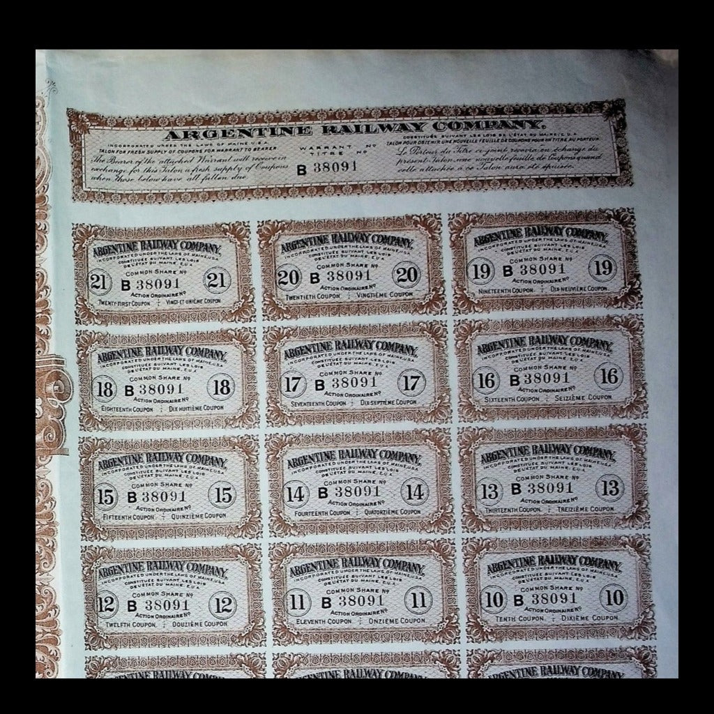 Argentine Railway Company Stock Certificate from 1912