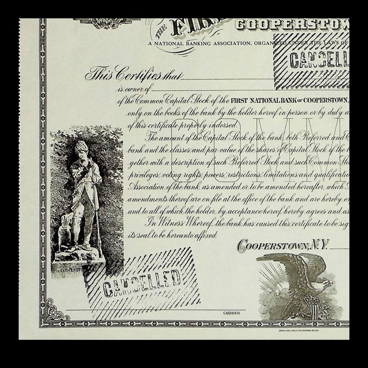 First National Bank of Cooperstown Stock Certificate from 1900