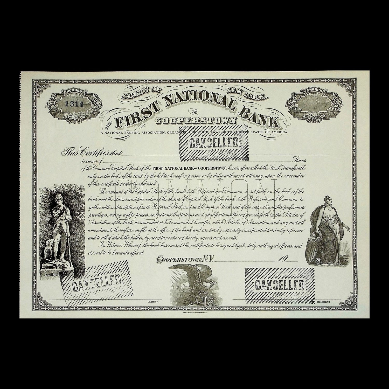 First National Bank of Cooperstown Stock Certificate