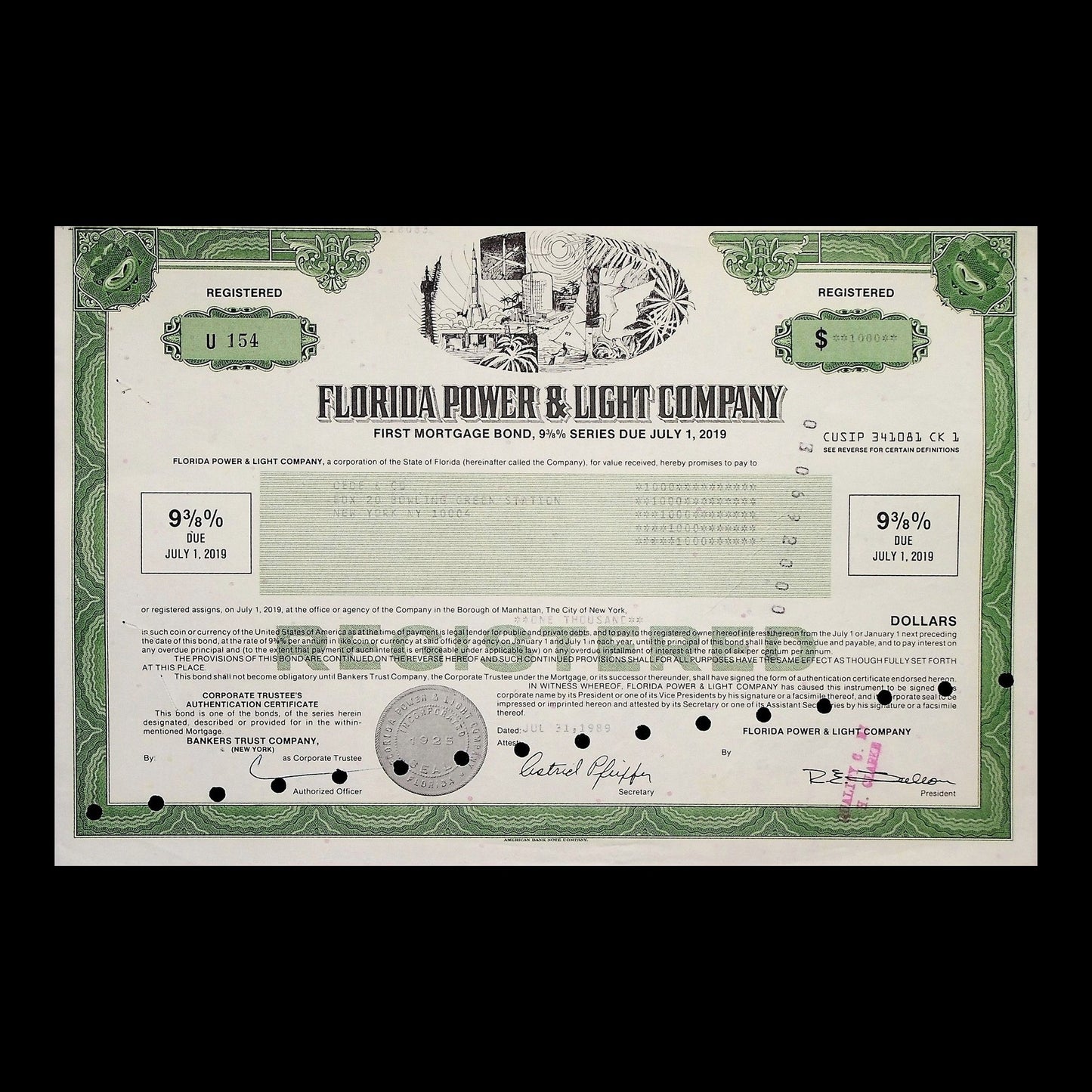 Florida Power & Light Company Bond from 1989