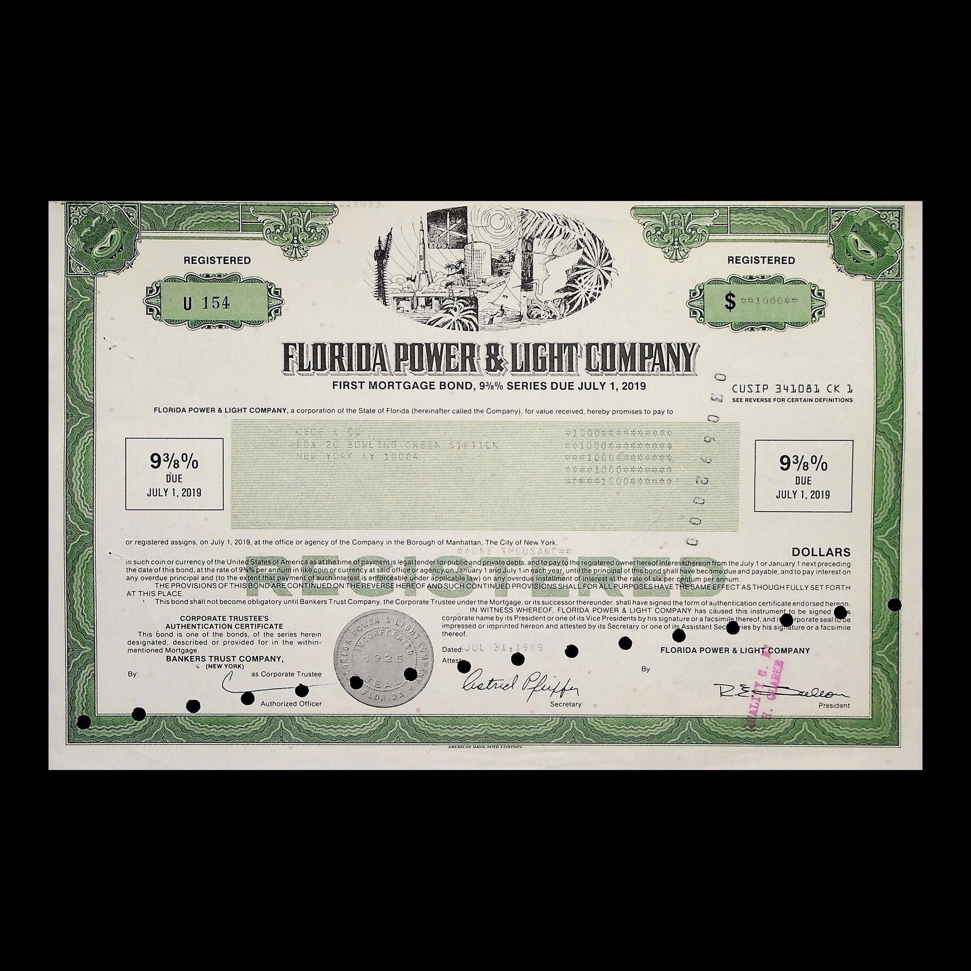 Florida Power & Light Company Bond from 1989