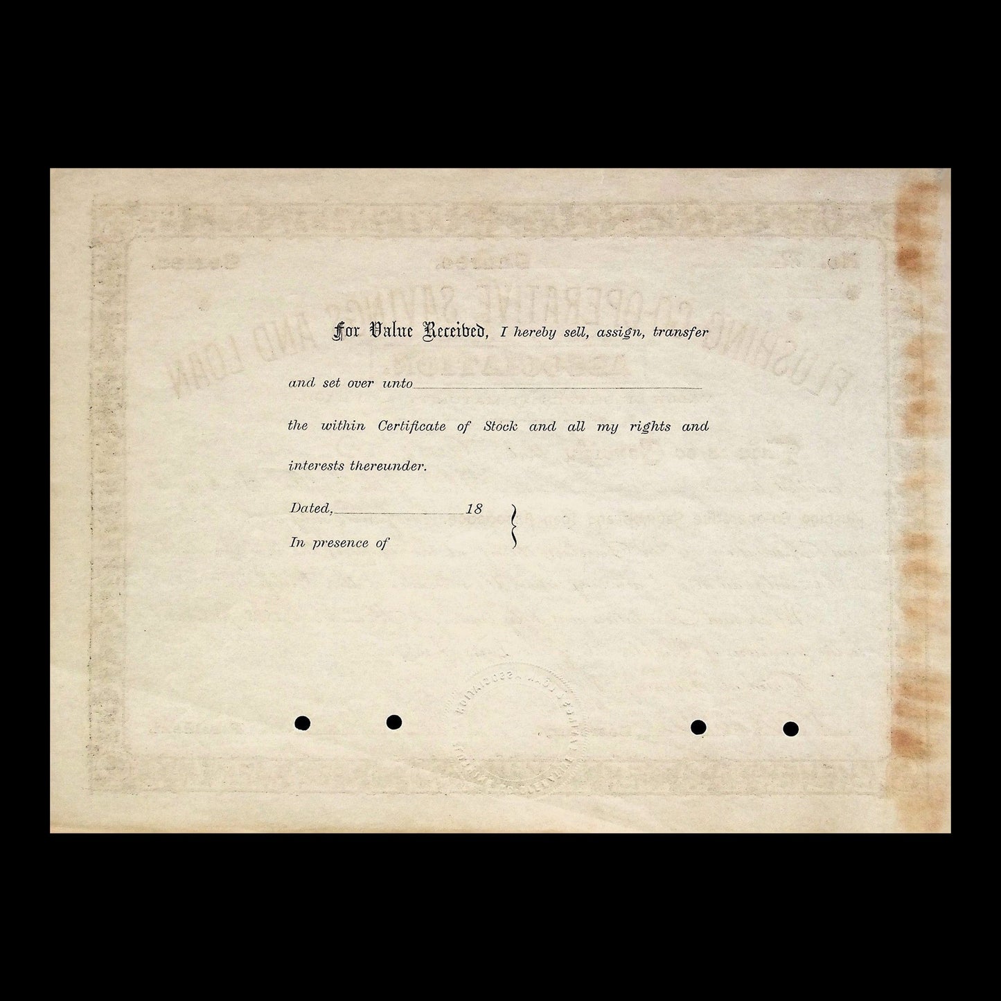 Flushing Co-Operative Savings and Loan Association Stock Certificate from 1888