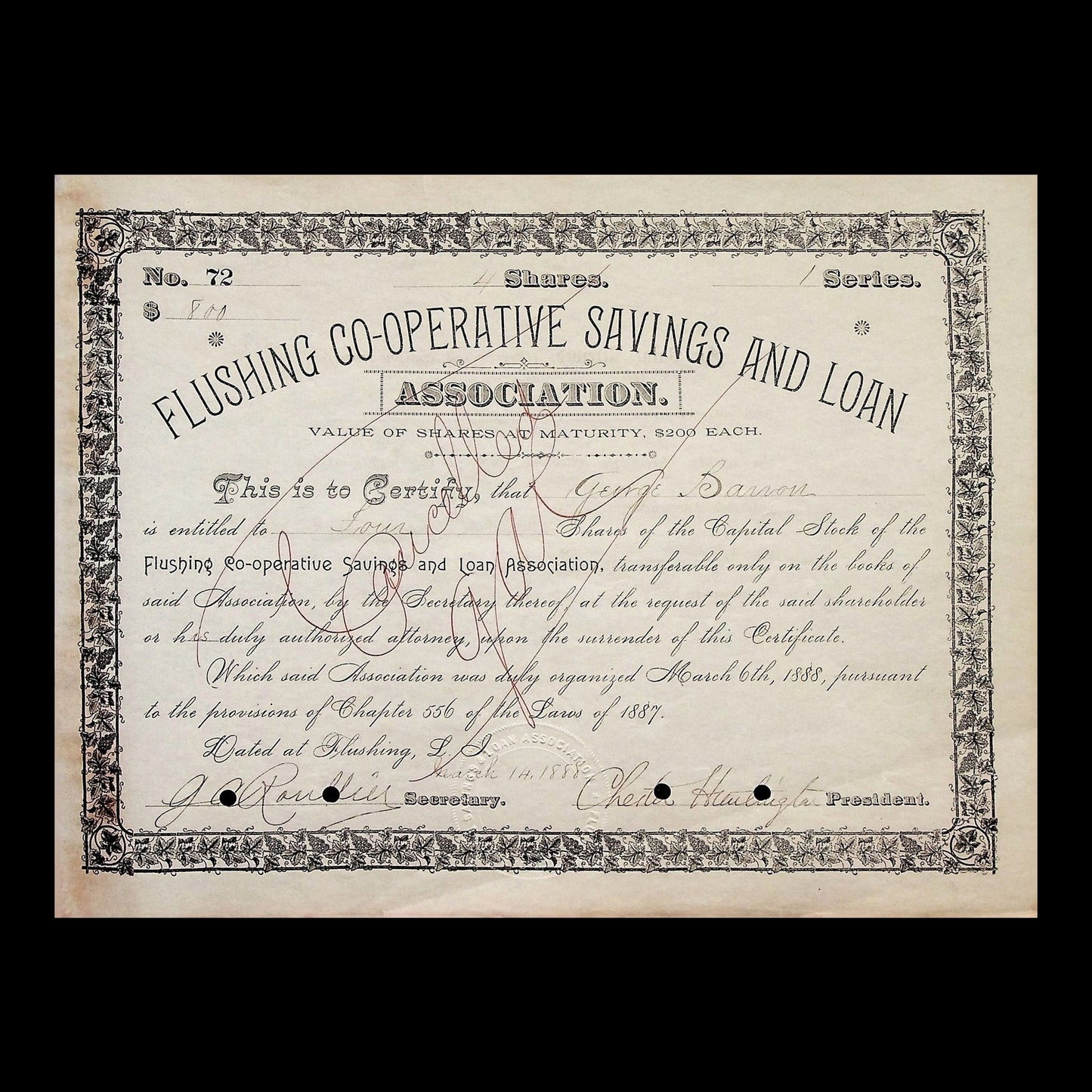 Flushing Co-Operative Savings and Loan Association Stock Certificate from 1888