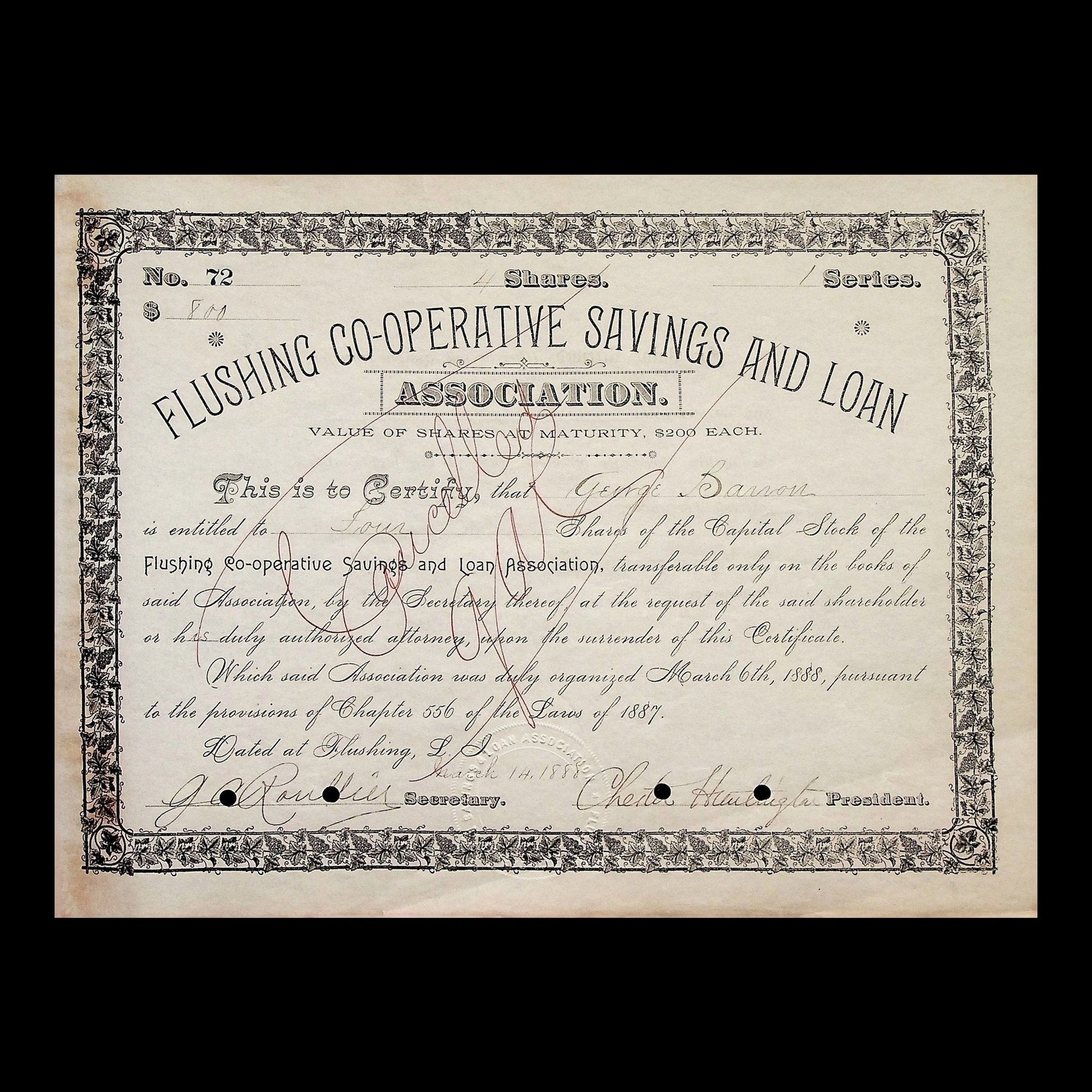 Flushing Co-Operative Savings and Loan Association Stock Certificate from 1888