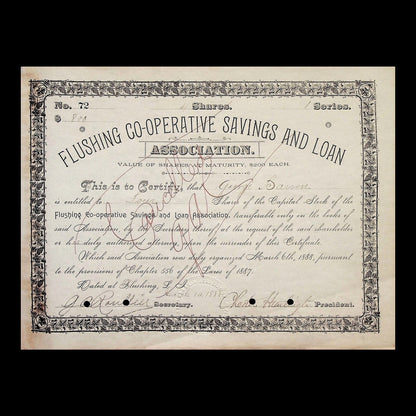 Flushing Co-Operative Savings and Loan Association Stock Certificate from 1888
