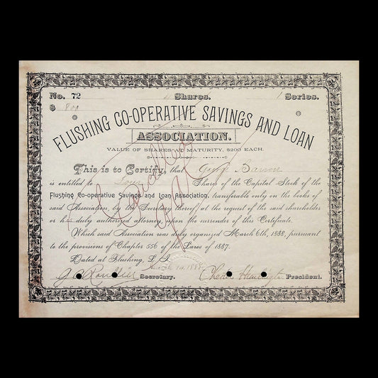 Flushing Co-Operative Savings and Loan Association Stock Certificate from 1888