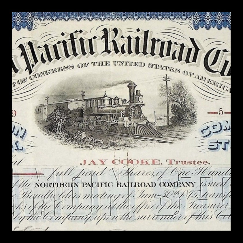 Northern Pacific Railroad Company Stock Certificate Issued to & Signed by Jay Cooke from 1876