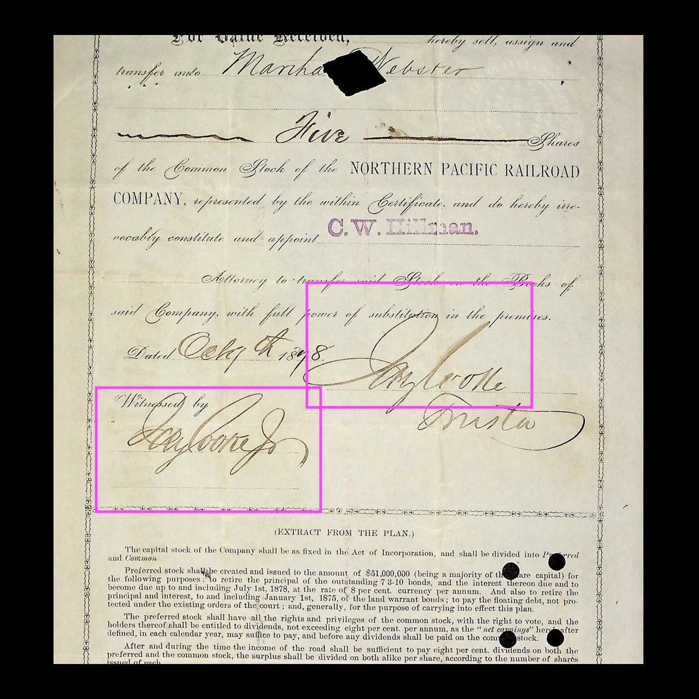 Northern Pacific Railroad Company Stock Certificate Issued to & Signed by Jay Cooke from 1876