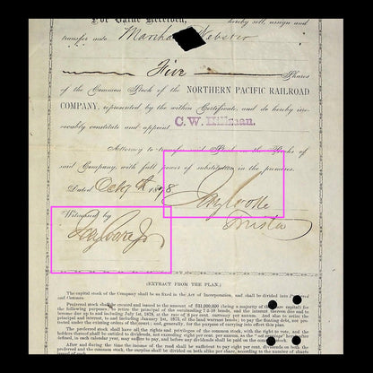 Northern Pacific Railroad Company Stock Certificate Issued to & Signed by Jay Cooke from 1876