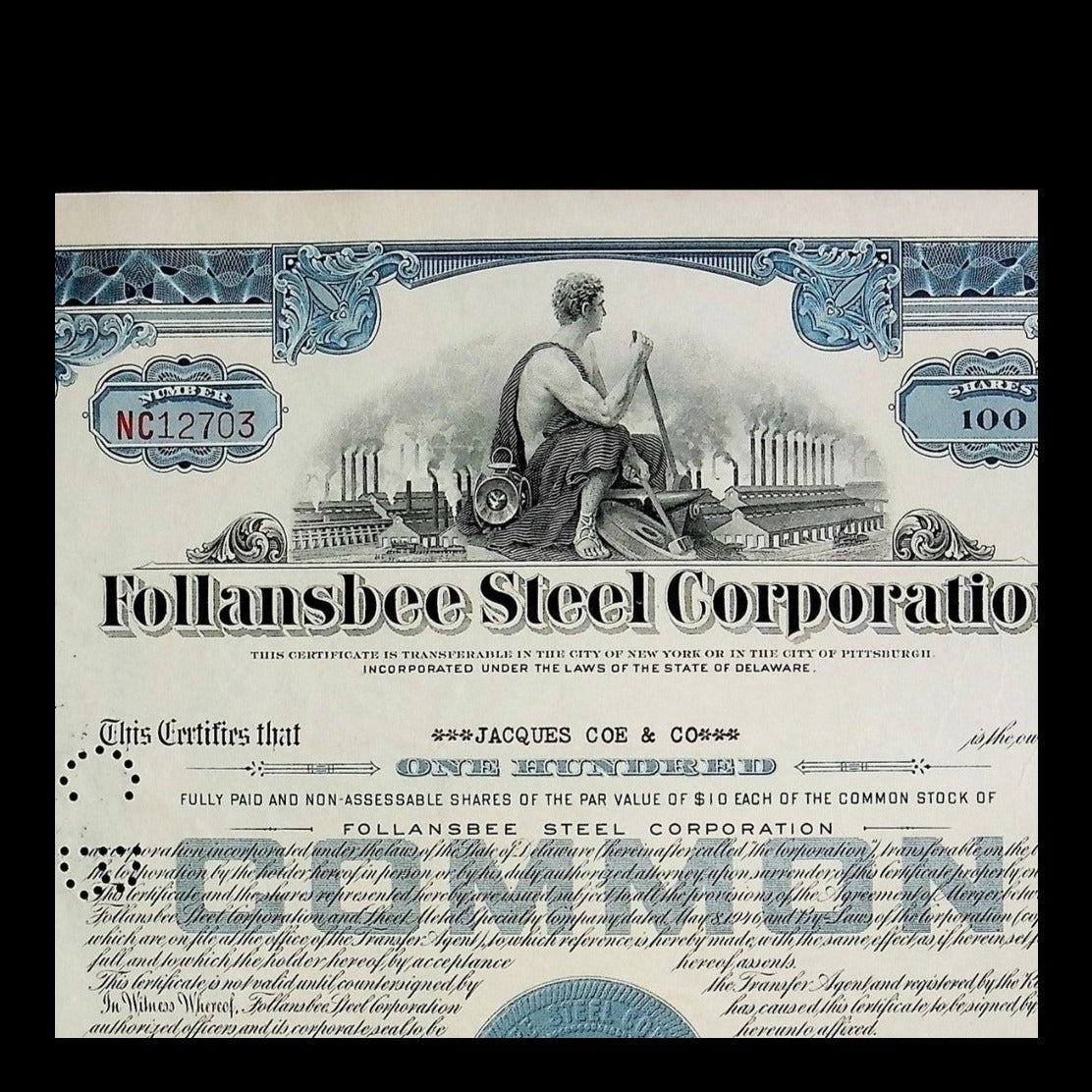 Follansbee Steel Corporation Stock Certificate from 1958