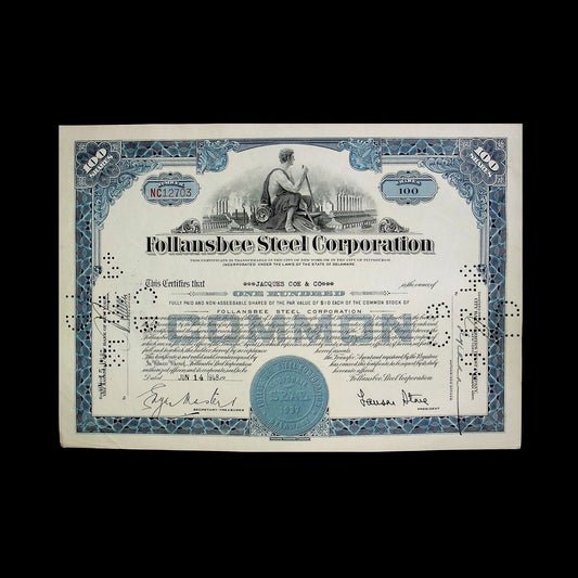 Follansbee Steel Corporation Stock Certificate from 1958