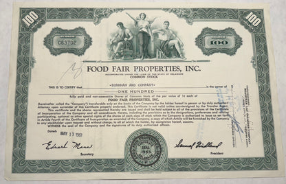 Food Fair Properties, Inc Stock Certificate, green certificate issued 1961, cancellation holes, stamps and writing present 