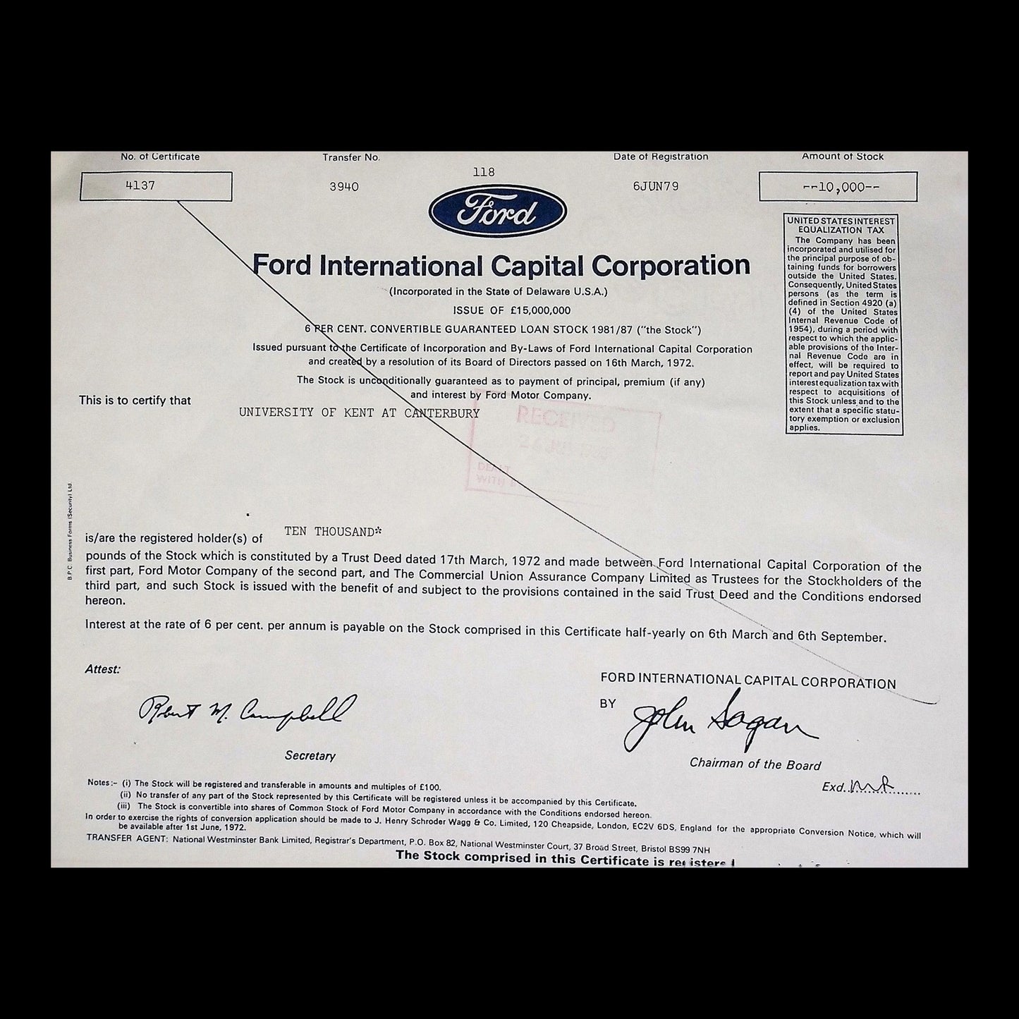 Ford International Capital Corporation Stock Certificate from 1979