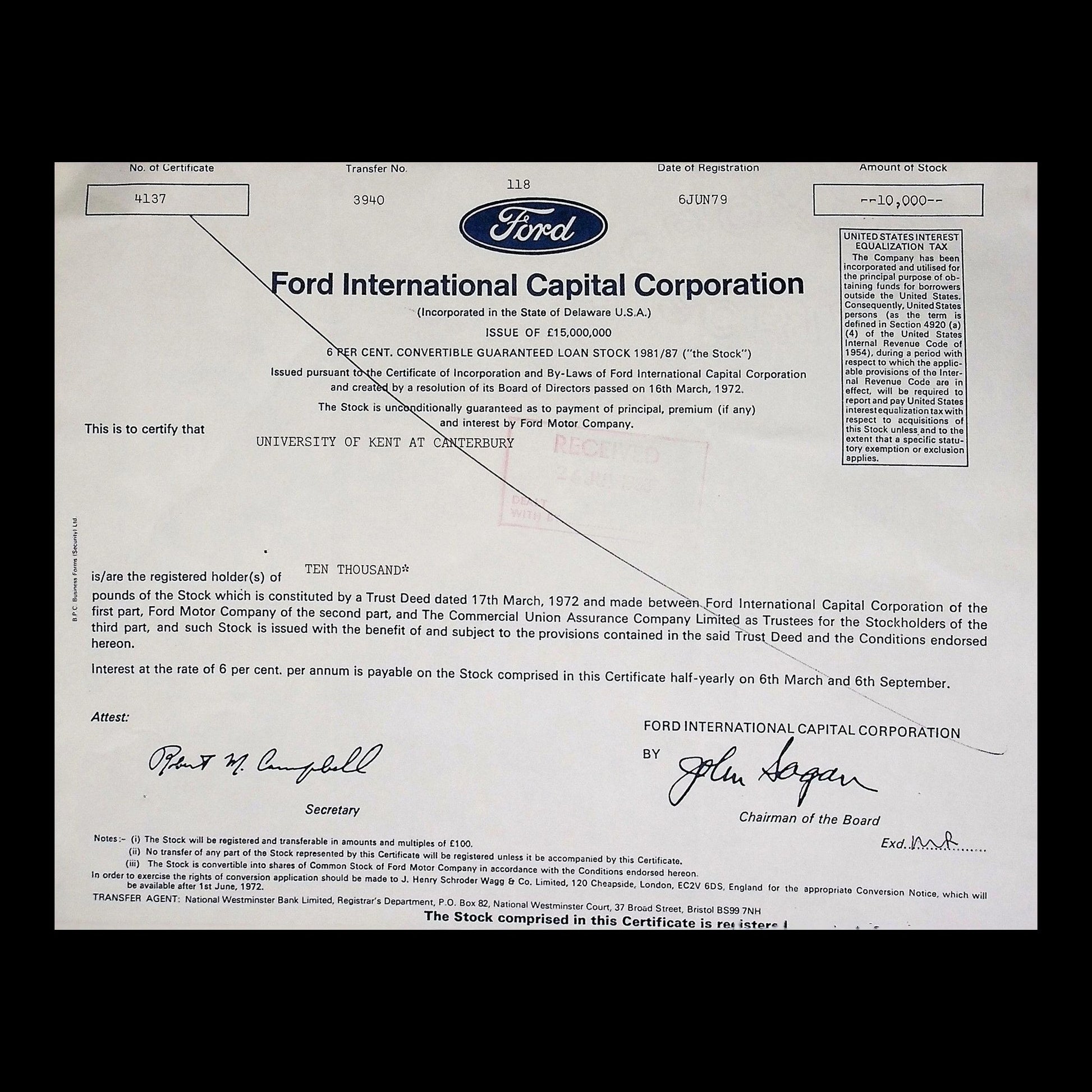 Ford International Capital Corporation Stock Certificate from 1979
