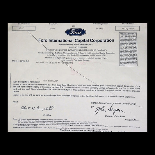 Ford International Capital Corporation Stock Certificate from 1979