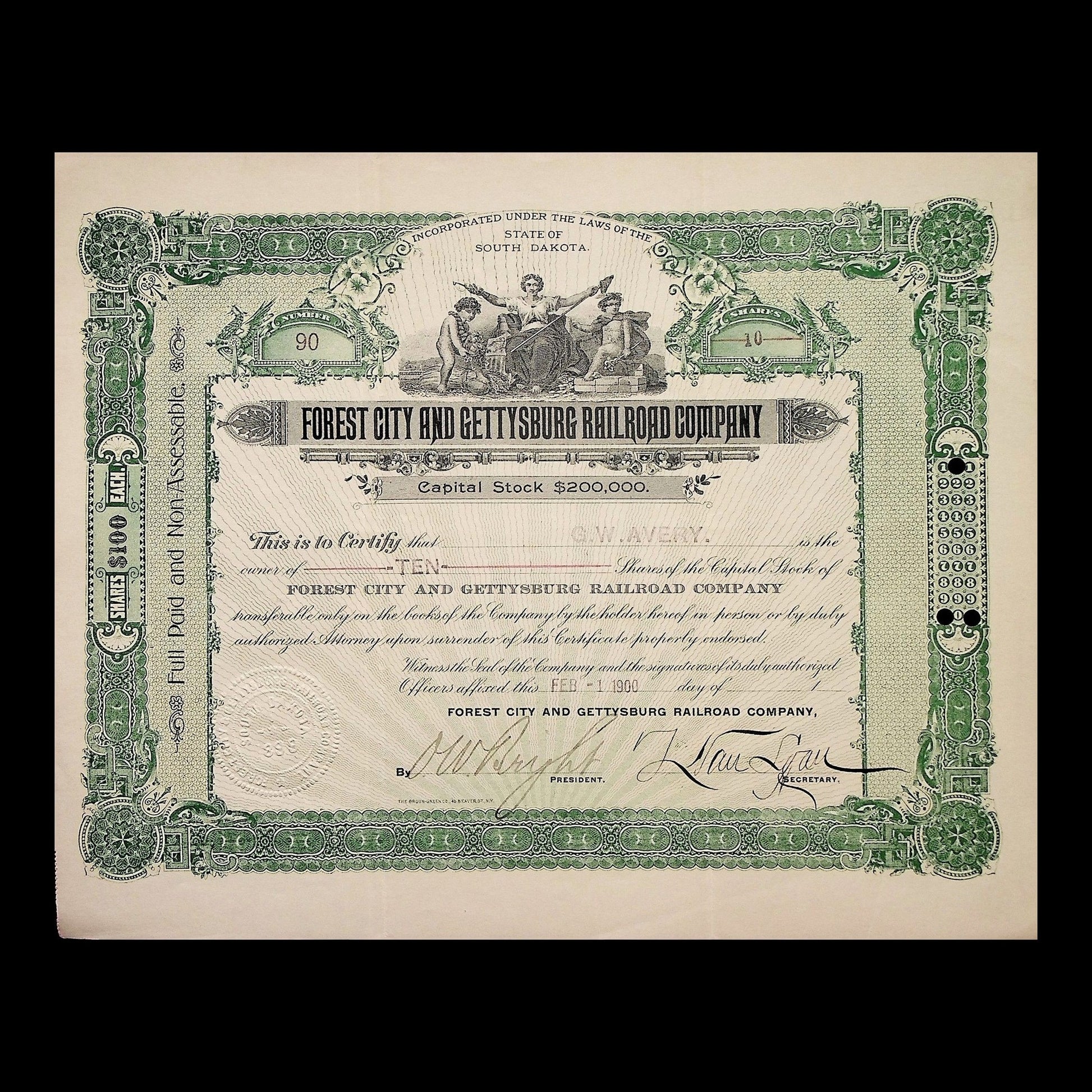 Forest City and Gettysburg Railroad Company Stock Certificate from 1900