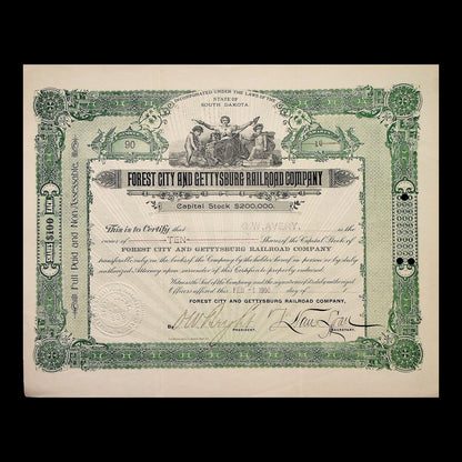 Forest City and Gettysburg Railroad Company Stock Certificate from 1900