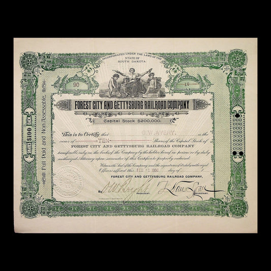 Forest City and Gettysburg Railroad Company Stock Certificate from 1900